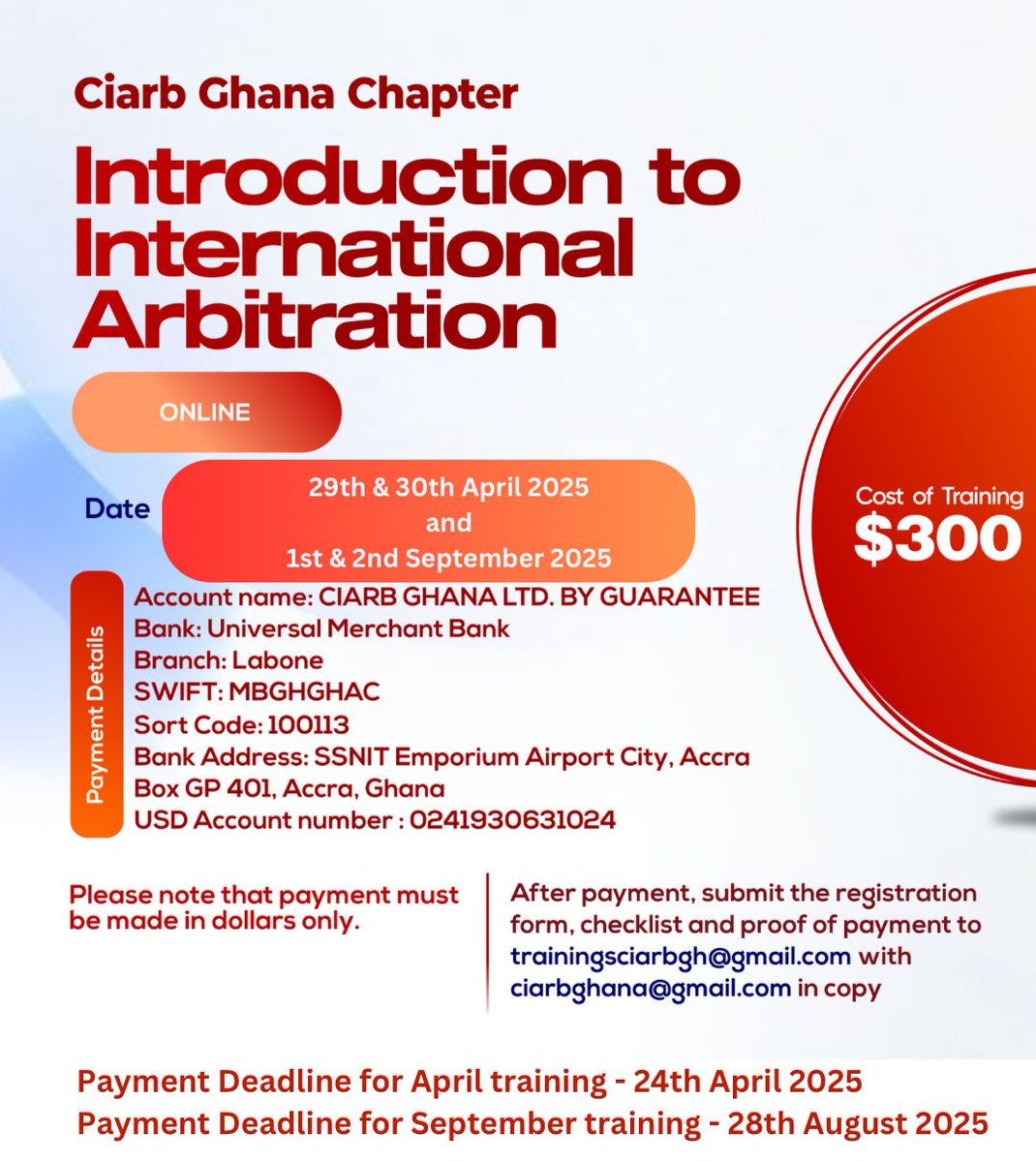VIRTUAL ASSOCIATE TRAINING COURSE

The first set of trainings for Ciarb Ghana Chapter will be on  
1. 29th &amp; 30th April 2025
2. ⁠1st &amp; 2nd September 2025

Kindly see flyer for more details.

#trainings
#ciarb
#ciarbghanachapter