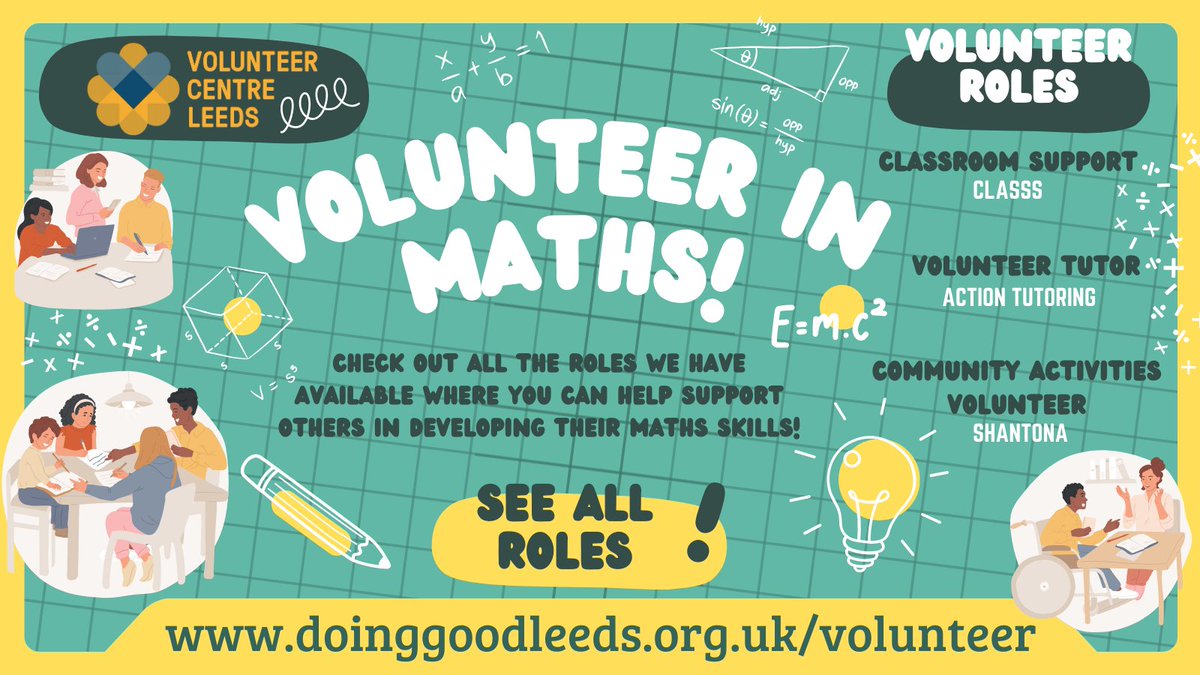 Volunteer Centre Leeds (@volunteerleeds) on Twitter photo Enjoy and/or study maths? ๐งฎ Consider volunteering in maths tutoring or teaching! ๐๐
See roles with <a href="/classsleeds/">CLASSS</a>, <a href="/ActionTutoring/">Action Tutoring</a> and <a href="/ShantonaLeeds/">Shantona Leeds</a>:
๐ ow.ly/EVWm50VgSul
๐ ow.ly/G0yP50VgSvA
๐ ow.ly/tNs750VgSw9
#Leeds #Volunteer #MathsDay #PiDay #IDM314 Enjoy and/or study maths? ๐งฎ Consider volunteering in maths tutoring or teaching! ๐๐
See roles with <a href="/classsleeds/">CLASSS</a>, <a href="/ActionTutoring/">Action Tutoring</a> and <a href="/ShantonaLeeds/">Shantona Leeds</a>:
๐ ow.ly/EVWm50VgSul
๐ ow.ly/G0yP50VgSvA
๐ ow.ly/tNs750VgSw9
#Leeds #Volunteer #MathsDay #PiDay #IDM314