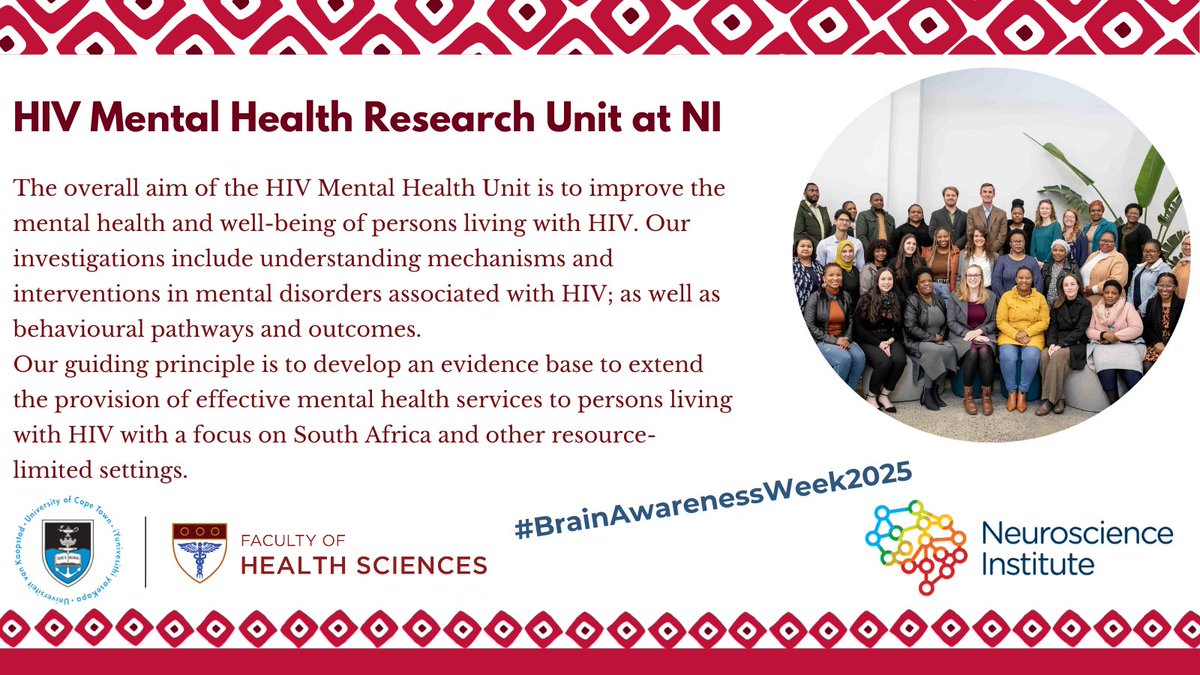 UCT Health Sciences (@ucthealthsci) on Twitter photo #BrainAwarenessWeek2025
The HIV Mental Health Research Unit at <a href="/UCT_NI/">UCT Neuroscience Institute</a> focuses on the neurobiology of HIV-associated brain disease and psycho-social and behavioural aspects for people living with #HIV
neuroscience.uct.ac.za/research-resea…
<a href="/UCT_Research/">UCT Research</a> <a href="/UCT_news/">UCT</a> #BrainAwarenessWeek2025
The HIV Mental Health Research Unit at <a href="/UCT_NI/">UCT Neuroscience Institute</a> focuses on the neurobiology of HIV-associated brain disease and psycho-social and behavioural aspects for people living with #HIV
neuroscience.uct.ac.za/research-resea…
<a href="/UCT_Research/">UCT Research</a> <a href="/UCT_news/">UCT</a>