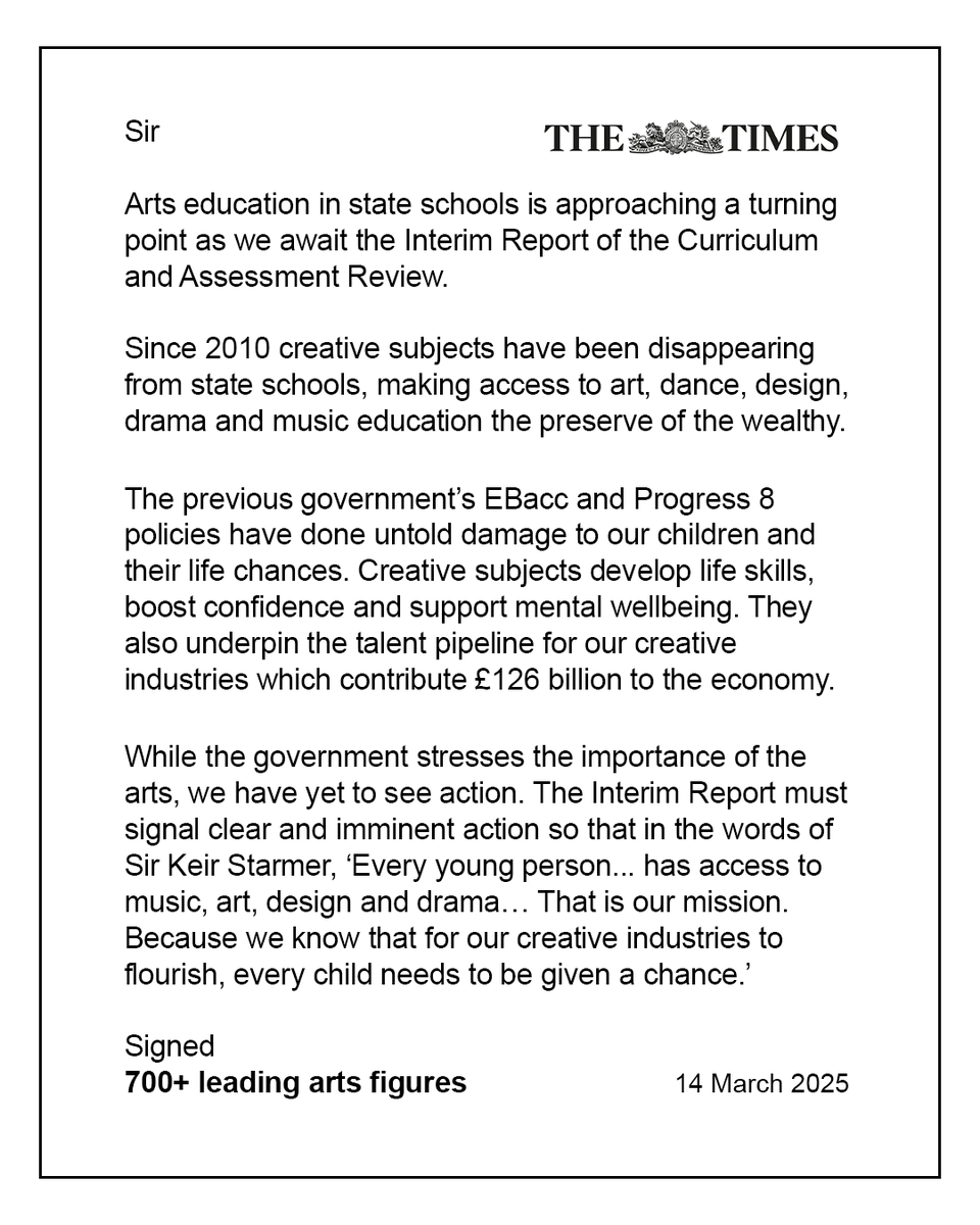 Arts education is at a turning point as we await the Curriculum and Assessment Review’s Interim Report.

We are calling on government to ensure the arts are put back at the heart of the curriculum 👇

thetimes.com/comment/letter…