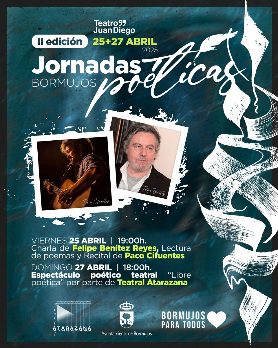 ‼️RECUERDA✅II JORNADAS POÉTICAS #BORMUJOS 
📌25/27 Abril <a href="/fbenitezreyes/">Felipe Benítez Reyes</a> <a href="/PacoCifuentes/">Paco Cifuentes</a>  
✍️Si te gusta escribir #poesía, participa! Es tu oportunidad de dar a conocer al poeta que llevas dentro!
📩teatralatarazanabormujos@gmail.com
#BormujosParaTodos💙
#Cultura