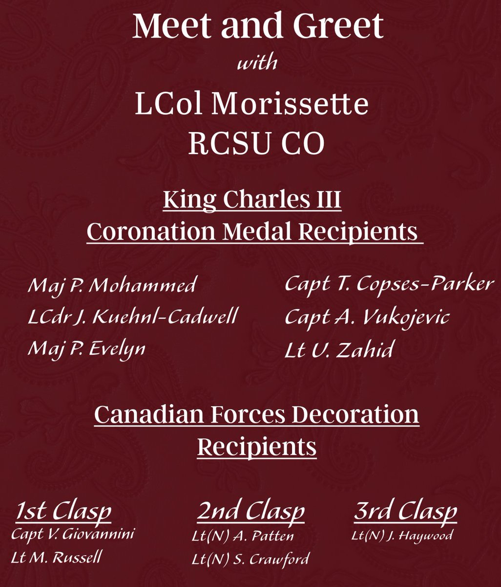 Congratulations to all RCSU(C) NGTA COATS &amp; CIC recipients of the King Charles III Coronation Medal &amp; those receiving their 1st, 2nd or 3rd Clap to their Canadian Decoration. What an incredible display of service to our Crown &amp; Country 🇨🇦🎖️🍁
<a href="/CanadianForces/">Canadian Armed Forces</a> @MilPersCom <a href="/CanMNews/">CMN Canadian Military News</a>