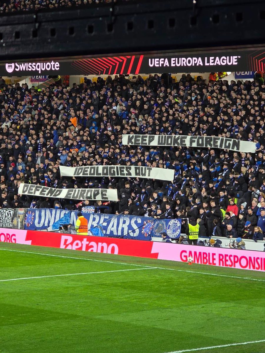 footyawayday's tweet image. Rangers at home to Fenerbahce last night: 
"Keep woke foreign. Ideologies out. Defend Europe"