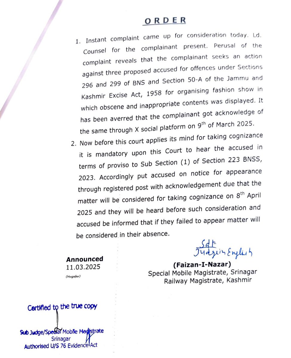 Imran Naikoo (@imrannaikoo) on Twitter photo Court issues notice to Gulmarg fashion show organizers after a complaint by <a href="/khanadil9/">Aadil Nazir Khan</a>, represented by Adv. <a href="/Naveedbukhtiyar/">Naveed Bukhtiyar</a> alleging obscenity and religious sentiment violations during Ramadan. Organizers directed to respond by April 8. Court issues notice to Gulmarg fashion show organizers after a complaint by <a href="/khanadil9/">Aadil Nazir Khan</a>, represented by Adv. <a href="/Naveedbukhtiyar/">Naveed Bukhtiyar</a> alleging obscenity and religious sentiment violations during Ramadan. Organizers directed to respond by April 8.