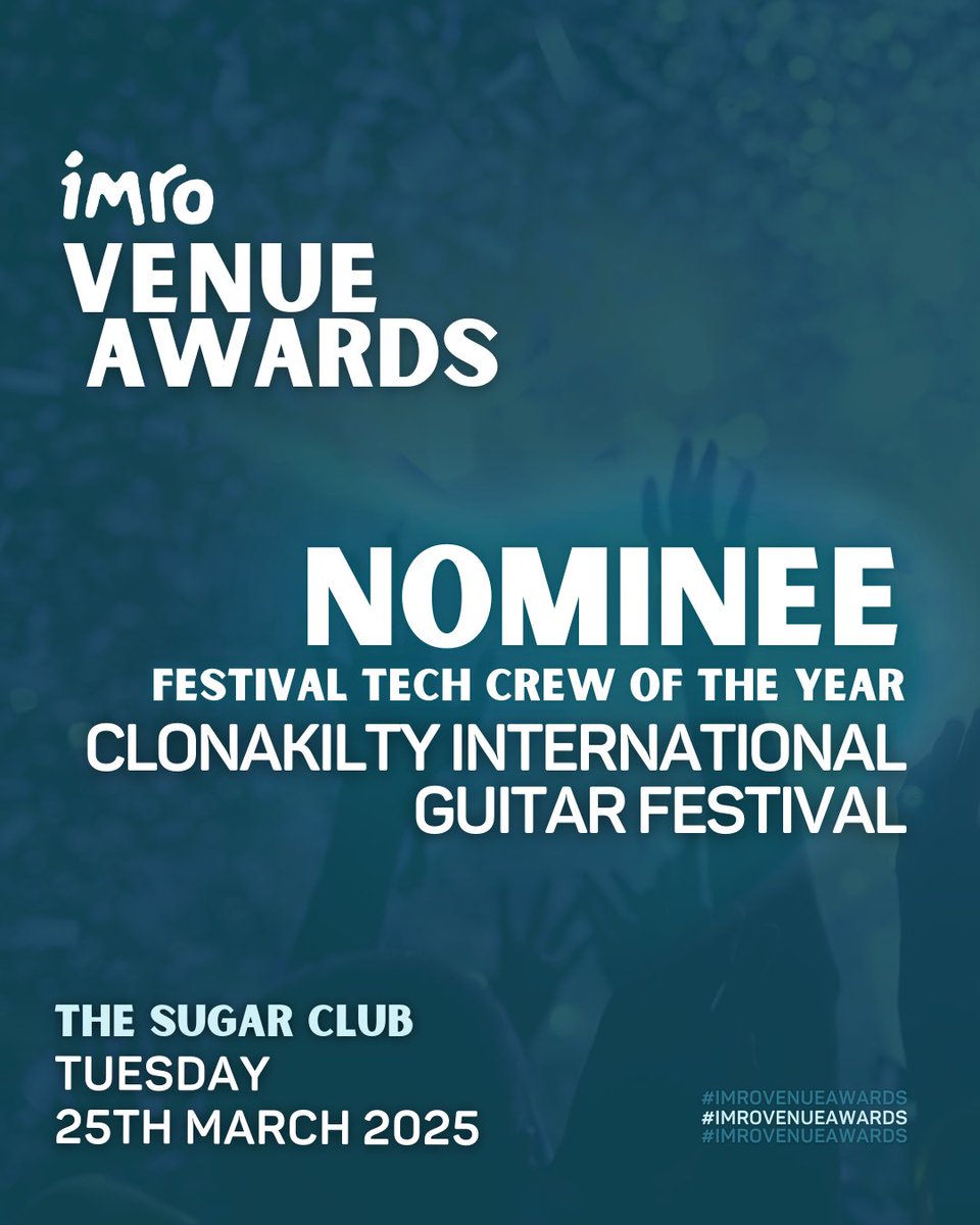 CIGF are delighted to be shortlisted for this year’s Imro ‘small festival of the year award’ &amp; perhaps most importantly ‘Best Technical crew’ of the year.
the majority of our tech crew are from our locality. 
Well done team! 

#guitartown
#cigf25 #Clonguitarfest #cigf #clonakilty