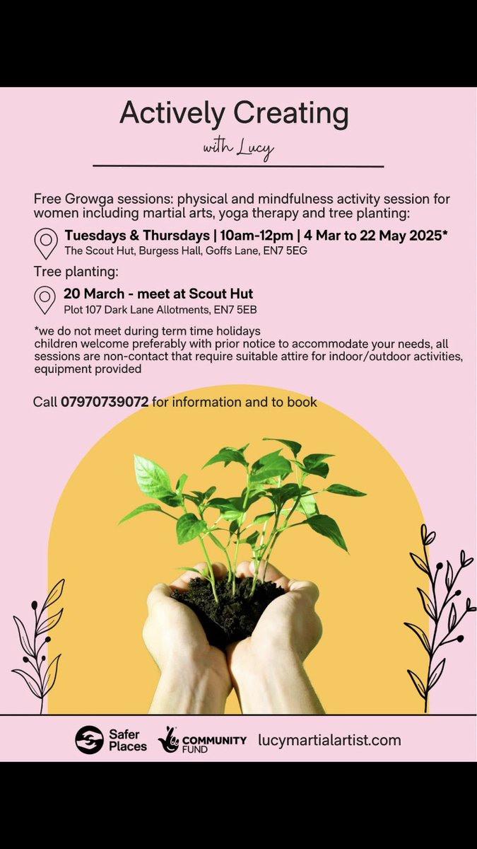 Sign Up for these free activities for Women only! Details below!
Where: Scout Hut, Plot 107 Dark Lane Allotments, EN7 5EB.
When: Tuesdays and Thursdays (10am to 12pm) - 4 Mar to 22 May 2025.