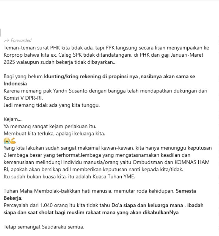 EvaSariST1's tweet image. Kedzaliman yang dihadapi oleh TPP yang ex Caleg...SK dikeluarkan di Januari tapi gaji tidak diberi...
#saveTPP
@prabowo 
@cakimiNOW 
@ArizaPatria
@tppkemendes