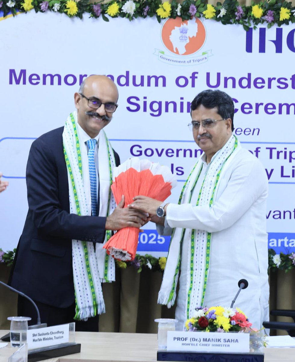 DrManikSaha2's tweet photo. A significant step towards boosting tourism in Tripura.

Glad to be present during the signing of MoU between the Government of Tripura and Indian Hotels Company Ltd. (IHCL) for development of Taj Pushpavanta Palace Hotel.

This world-class 5 star hotel with four exclusive rooms & touch of royal era will be a milestone in the State's history, enabling the people from the world to know more about the Maharajas of Tripura.