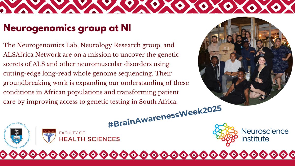 UCT Health Sciences (@ucthealthsci) on Twitter photo The Neurogenomics Lab at <a href="/UCT_NI/">UCT Neuroscience Institute</a> is working to expand our understanding of neuromuscular disorders in African populations and transforming patient care by improving access to genomic testing.
neuroscience.uct.ac.za
#BrainAWarenessWeek2025
<a href="/UCT_news/">UCT</a> <a href="/UCT_Research/">UCT Research</a> The Neurogenomics Lab at <a href="/UCT_NI/">UCT Neuroscience Institute</a> is working to expand our understanding of neuromuscular disorders in African populations and transforming patient care by improving access to genomic testing.
neuroscience.uct.ac.za
#BrainAWarenessWeek2025
<a href="/UCT_news/">UCT</a> <a href="/UCT_Research/">UCT Research</a>