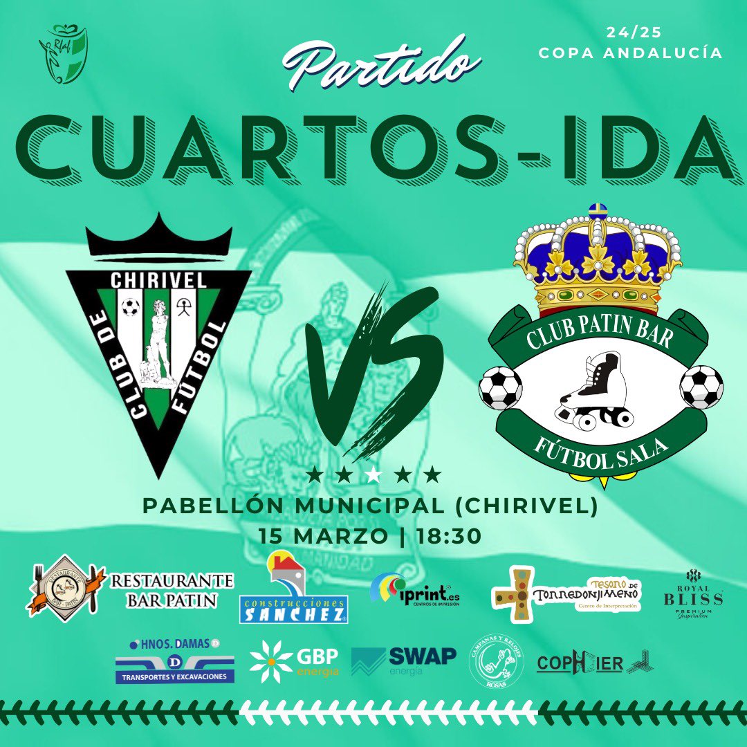 🏆 ℂ𝕠𝕡𝕒 𝔸𝕟𝕕𝕒𝕝𝕦𝕔í𝕒 🏆

Este sábado visitaremos tierras almerienses para comenzar la fase andaluza de la Copa Andalucía. 

🆚 Chirivel C.F.
🏆 1/4 <a href="/RFAF/">RFAF</a> 
⌚️19:30 h.
📌Pabellón Municipal Chirivel.

 🚌 ¡Acompaña a tu equipo! plazas en el bus totalmente gratuitas 🚌