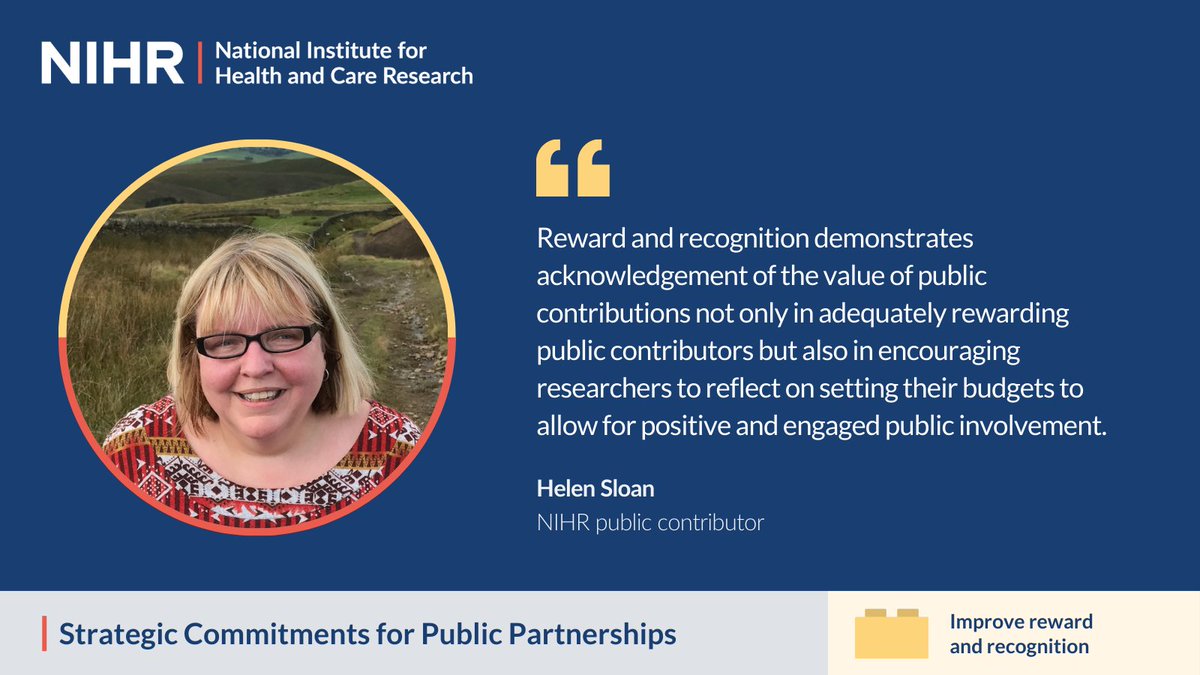 NIHR Involvement (@nihrinvolvement) on Twitter photo <a href="/NIHRrdn/">NIHR Research Delivery Network</a> Reward and recognition are so important for the people and communities we work with, and can help to build increasingly diverse partnerships.
Public contributor <a href="/HelenSloan/">HelenSloan</a> helps explain why 👇 (5/6) <a href="/NIHRrdn/">NIHR Research Delivery Network</a> Reward and recognition are so important for the people and communities we work with, and can help to build increasingly diverse partnerships.
Public contributor <a href="/HelenSloan/">HelenSloan</a> helps explain why 👇 (5/6)