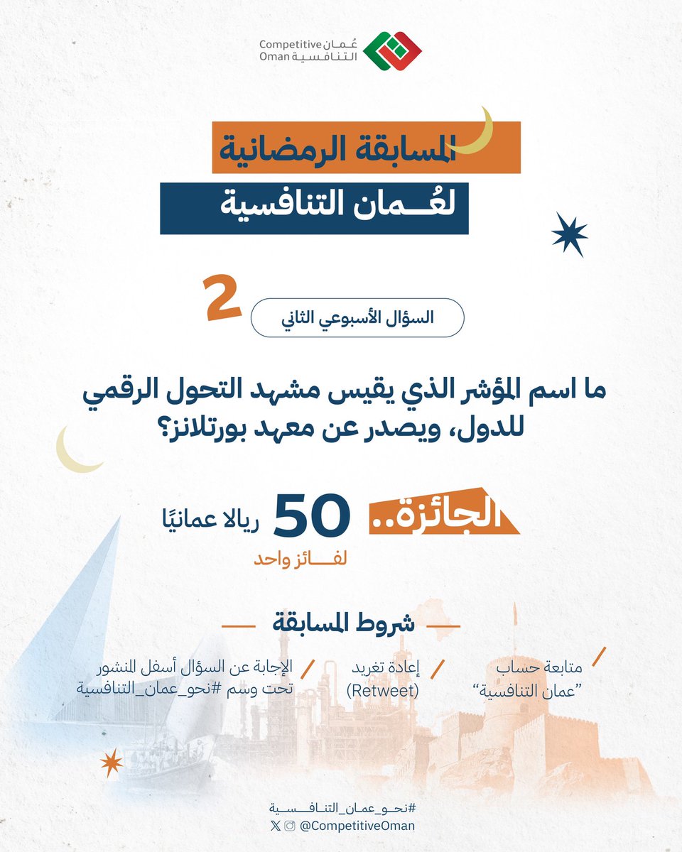 السؤال الأسبوعي الثاني لعُمان التنافسية 🌙

🔺 ما اسم المؤشر الذي يقيس مشهد التحول الرقمي للدول، ويصدر عن معهد بورتلانز❓ 

- شروط المشاركة: 
🔹 متابعة الحساب
🔹 إعادة تغريد 
🔹 الإجابة أسفل التغريدة تحت وسم #نحو_عمان_التنافسية 

بالتوفيق للجميع✨