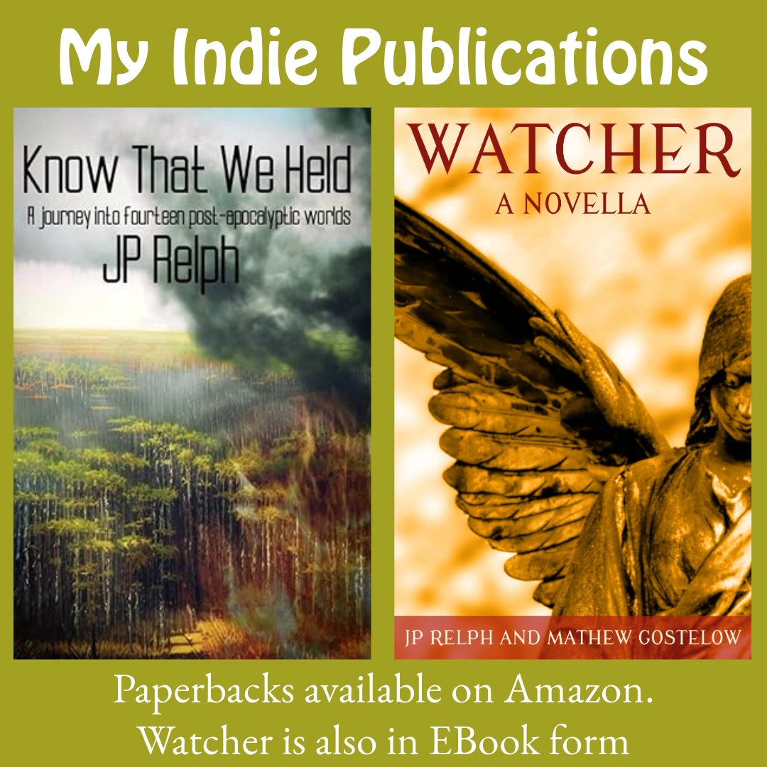 RelphJp's tweet image. I won't boycott A'Zon while indie writers try to sell their books there (including me and Mat!)
Know That We Held (Alien Buddha Press) is my post-apocalyptic collection of short fiction.
Watcher (Wolf Park Press) is a 26K word collab novella with @MatGost
Links in comments 🖤