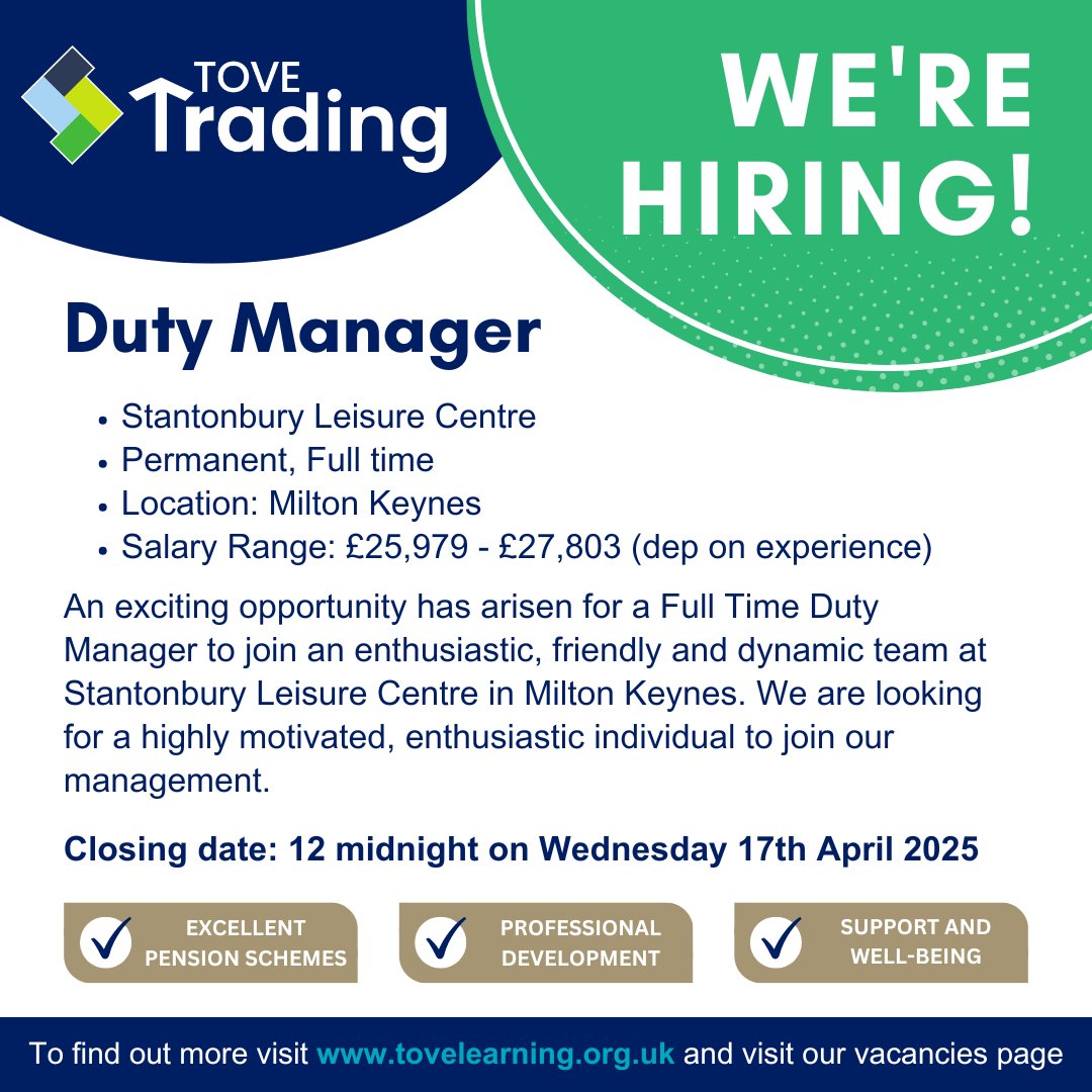 📣 New Vacancy! 📣

We are looking for a Duty Manager to join the team at Stantonbury Leisure Centre!

📅 Closing Date: 12am Wednesday 17th April 2025

📍 Stantonbury Leisure Centre, Milton Keynes

For more information and to apply visit 👉 stantonburyleisure.co.uk/vacancies/duty…