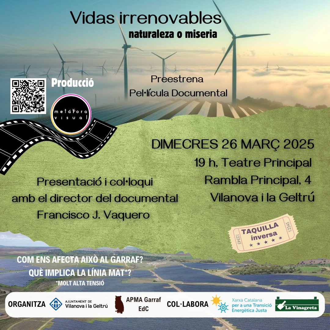 Preestrena de la pel·lícula documental Vidas irrenovables, naturaleza o miseria, una producció de Metáfora Visual, amb presentació i col·loqui posterior a càrrec del director, Francisco José Vaquero.