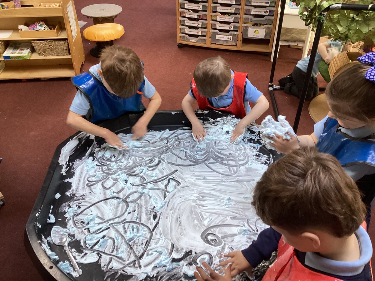 MrsECunningham's tweet photo. Look at our lovely writing, we have been making marks in the shaving foam and having a go at writing letters. https://t.co/p8K2xGIUtw