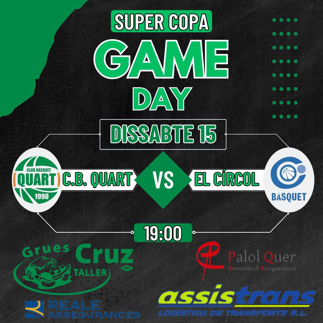 Us esperem demà a les 19:00 per animar al partit del supercopa, un partit importantíssim per l’equip! Som-hi Quart!💚