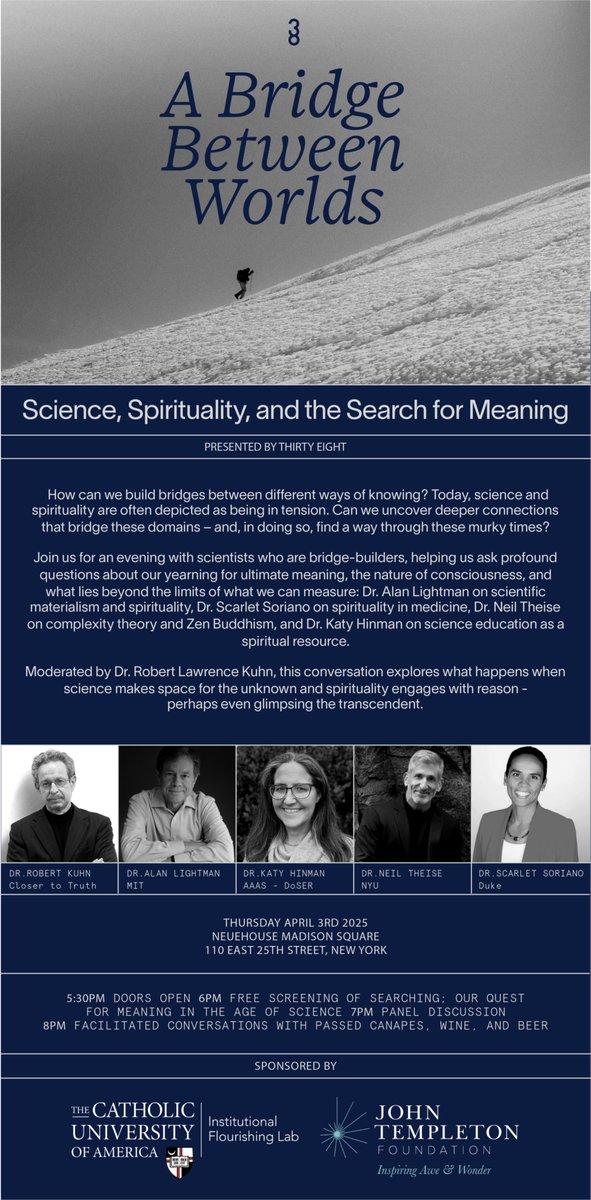 Brandon Vaidyanathan (@brvnathan) on Twitter photo Happy #PiDay!
We're offering a special discount today for our upcoming event on #science and #spirituality in #NYC, featuring <a href="/rlkuhn357/">Robert Lawrence Kuhn</a>, Alan Lightman (MIT), Neil Thiese (NYU), Scarlet Soriano (Duke), and Katy Hinman (AAAS-DoSER):
eventbrite.sg/e/a-bridge-bet… Happy #PiDay!
We're offering a special discount today for our upcoming event on #science and #spirituality in #NYC, featuring <a href="/rlkuhn357/">Robert Lawrence Kuhn</a>, Alan Lightman (MIT), Neil Thiese (NYU), Scarlet Soriano (Duke), and Katy Hinman (AAAS-DoSER):
eventbrite.sg/e/a-bridge-bet…