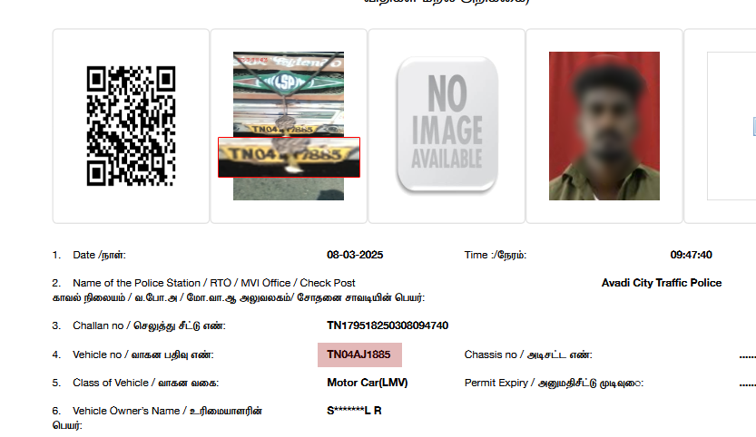 Dear @tntrafficpolice <a href="/ChennaiTraffic/">Greater Chennai Traffic Police</a> I received a challan (TN179518250308094740) for a violation I didn’t commit. My vehicle (TN04AJ1885) was wrongly identified. Please review the evidence &amp; cancel it. Documents attached.

Awaiting resolution.