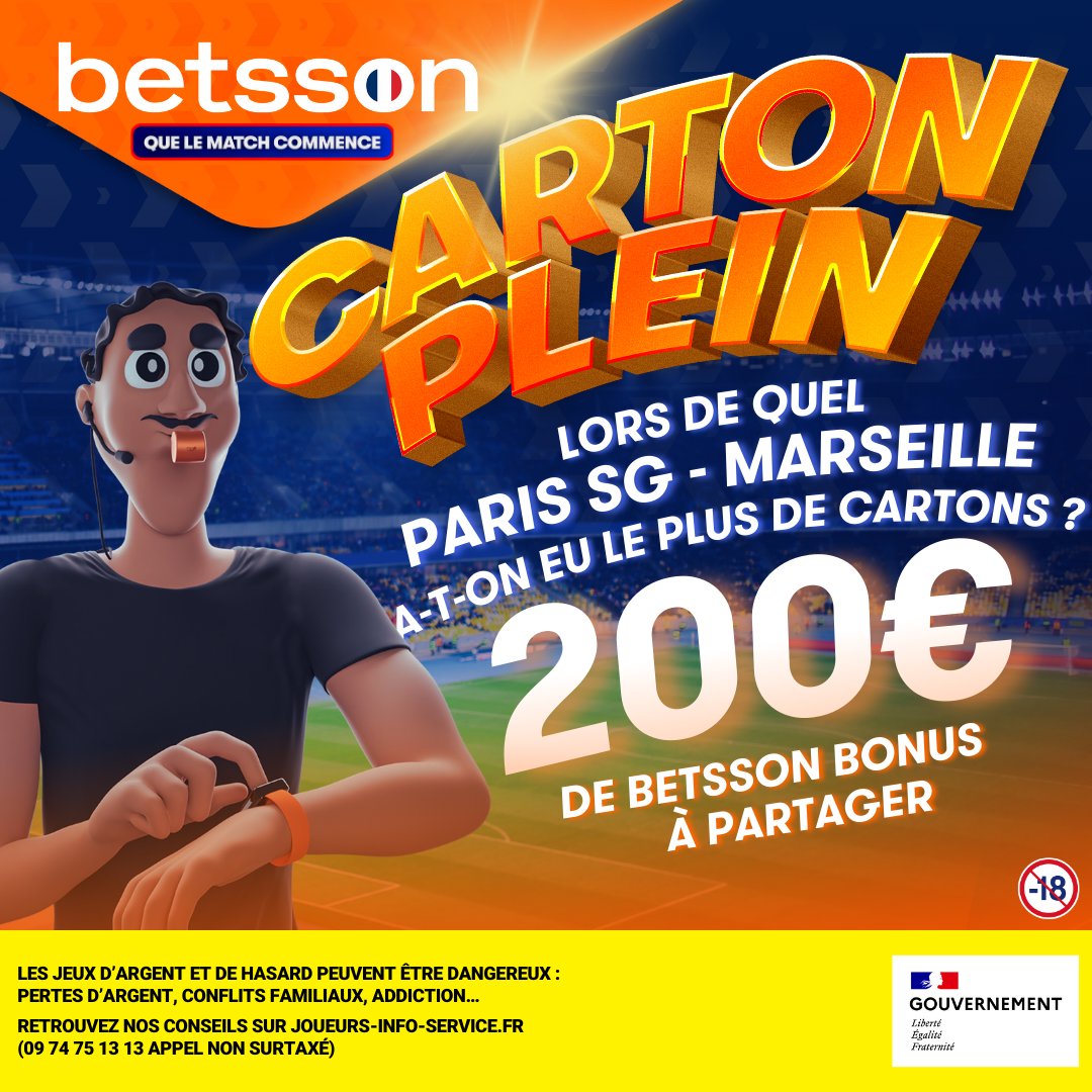20x10€ de #BetssonBonus à gagner grâce au Classico l'équipe ! Ça va chauffer !! 🔥 

Quel #PSGOM a explosé tous les records de cartons ? 🟨🟥

🎁 RT + Follow <a href="/BetssonFR/">Betsson France 🔞</a> et commente ta réponse pour participer 🔽

Prêts à vibrer ? 🫨