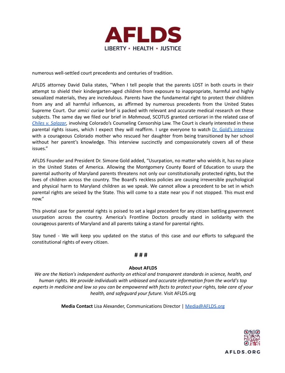 drsimonegold's tweet image. BREAKING: We have filed an amici curiae brief with the U.S. Supreme Court in Mahmoud v. Taylor to defend parental rights against radical gender ideology in schools.

Maryland parents were denied the right to opt their young children out of inappropriate, sexualized books. SCOTUS…