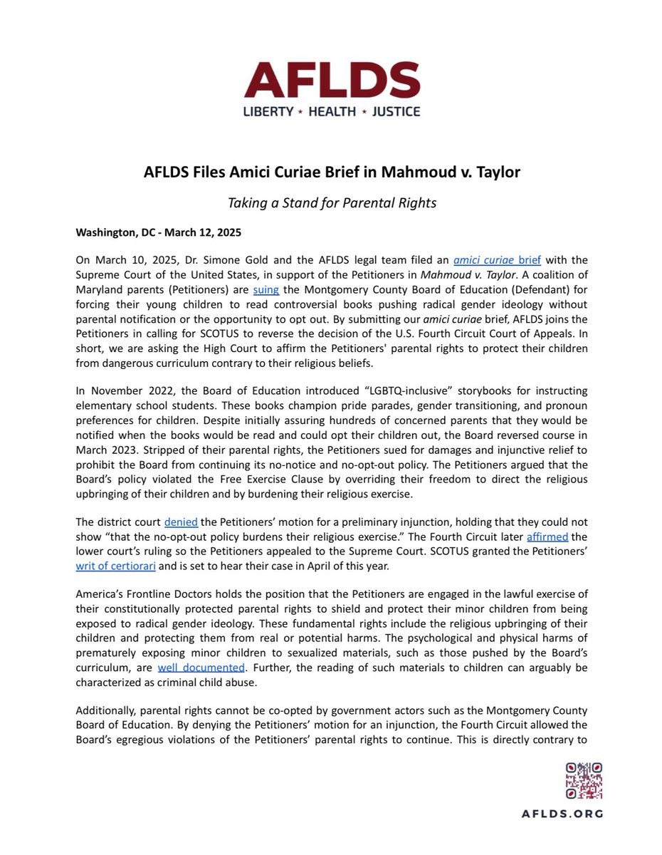 drsimonegold's tweet image. BREAKING: We have filed an amici curiae brief with the U.S. Supreme Court in Mahmoud v. Taylor to defend parental rights against radical gender ideology in schools.

Maryland parents were denied the right to opt their young children out of inappropriate, sexualized books. SCOTUS…