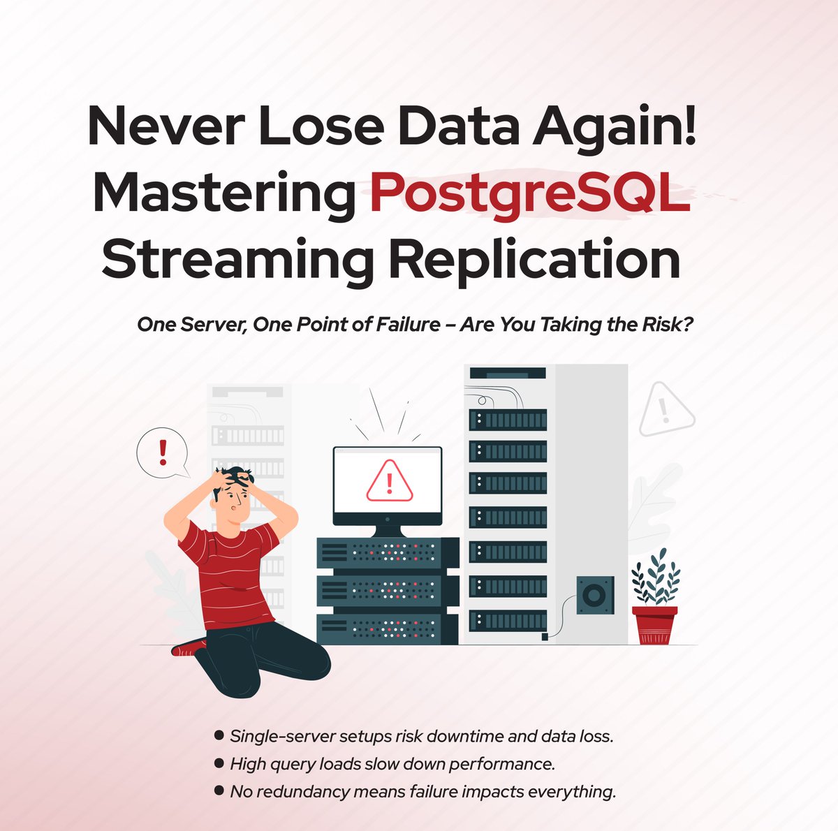 Cybrosys's tweet image. 📡 Power Your Database with #PostgreSQLReplication! 🚀
⚠ No Downtime – Stay online, always.
⚡ Faster Queries – Load balance for peak performance.
🔄 Sync in Real-Time – Automatic data updates.
🛡 Disaster-Proof – Your data stays secure.
#Database #PostgreSQL #Postgres #Server