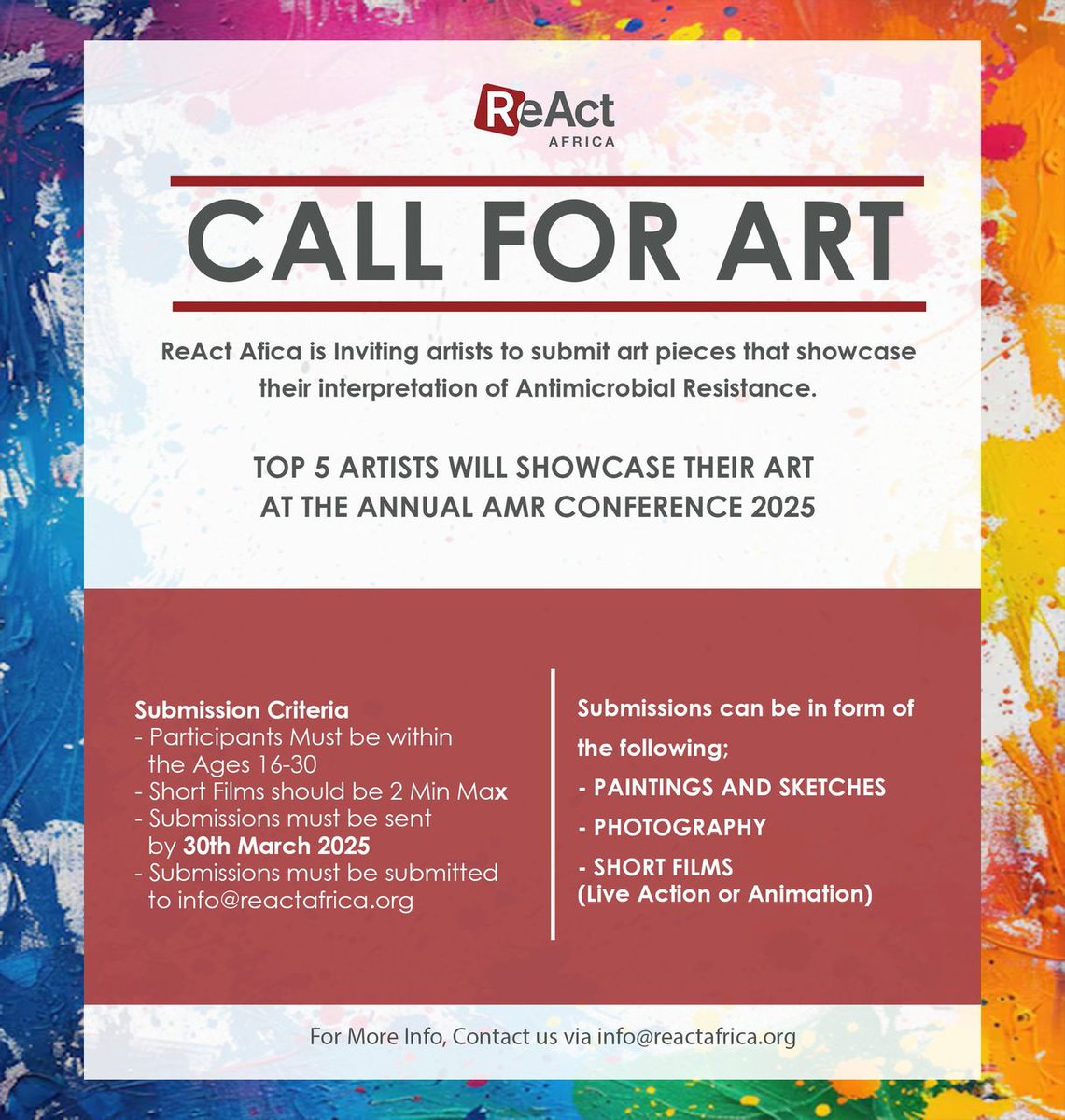 Call for Art!

Are you an artist who is passionate about global health? ReAct invites you to submit your artwork interpreting #AMR #AntibioticResistance! To showcase your talent at The annual <a href="/ReActAfrica_RAN/">ReAct Africa Network (RAN)</a>  &amp; <a href="/South_Centre/">South Centre</a>  AMR conference in June!

Submit to: