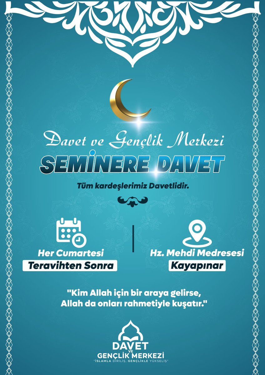 🌙 Seminerlere Davet

📍 Bağlar / Şeyh Muhammed Camii
📍 Kayapınar / Hz. Mehdi Medresesi
🗓️ Her Cumartesi
🕐 Teravih Namazı sonrası

İki farklı ilçemizde eş zamanlı olarak düzenlenen seminerlere bütün kardeşlerimiz davetlidir.