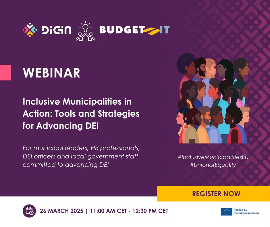 📢 How inclusive are workplace policies in your municipality?
Join us on 26/3 11:00 CET to learn:
🔹 Real DEI strategies from municipalities
🔹 How to assess &amp; improve with the DEI Capacity Tool

🔗 Register now: diginproject.eu/webinar-inclus…
#InclusiveMunicipalitiesEU #UnionOfEquality