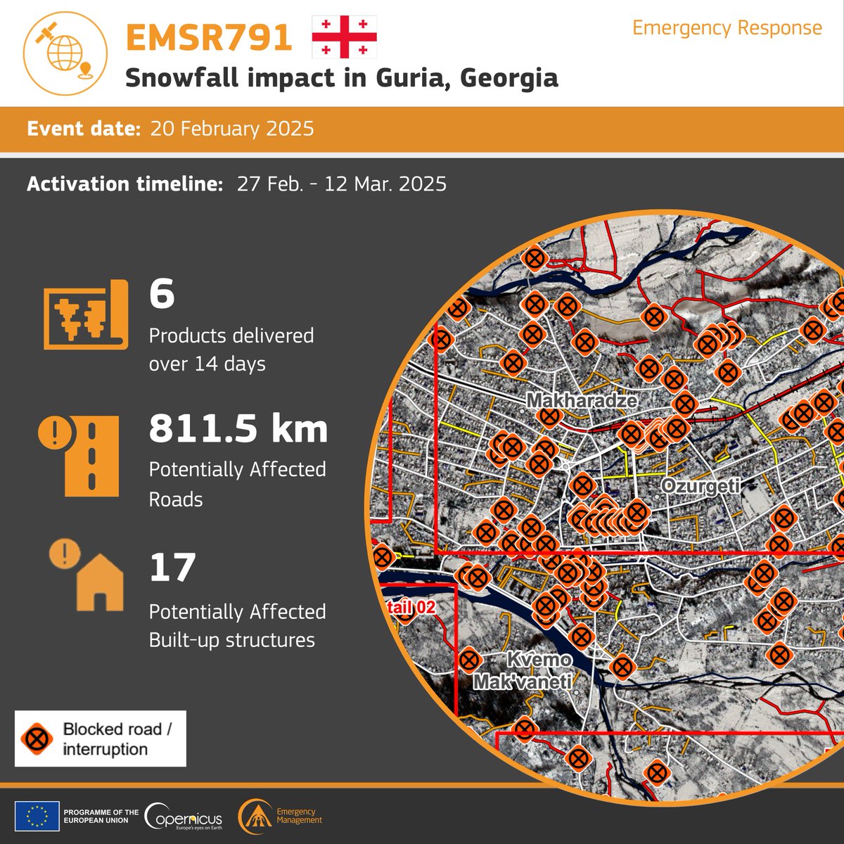 ❄️#EMSR791 – Snowfall in Georgia 🇬🇪

In late Feb, heavy snow cut off villages in Guria, damaging roads &amp; buildings. 

Our #MappingTeam produced 6️⃣ grading maps to identify damage to roads and built-up structures.

🔗rapidmapping.emergency.copernicus.eu/EMSR791/report…