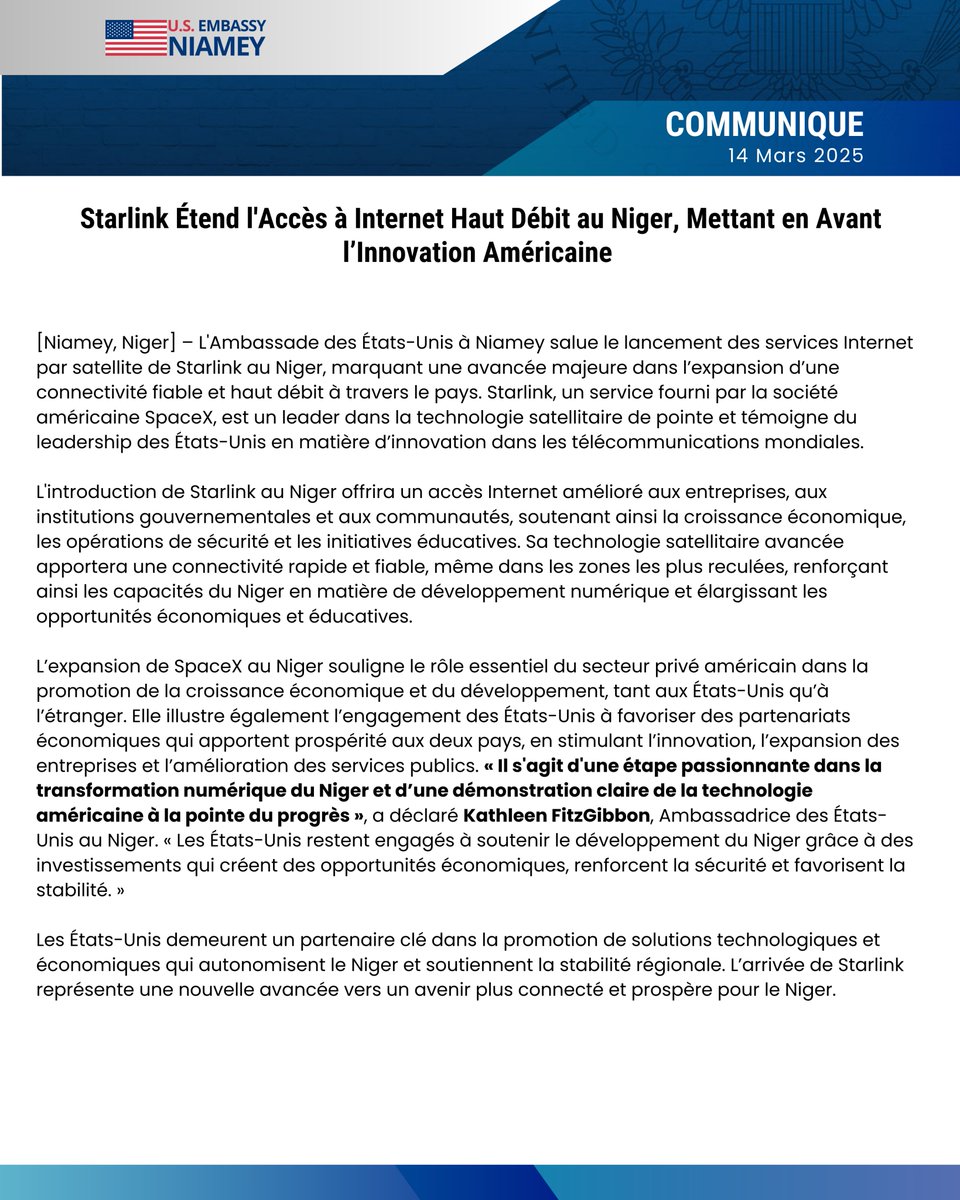 📡📷 Starlink est arrivé au Niger ! Cette technologie américaine de pointe étend l’accès à Internet haut débit à travers le pays, offrant une connectivité fiable aux entreprises, aux écoles et aux communautés, même dans les zones les plus reculées.  Les États-Unis sont fiers de