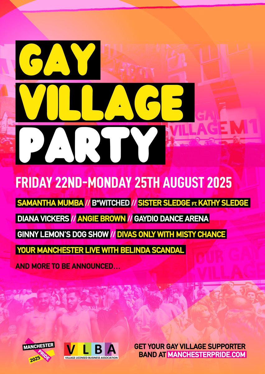 Manchester Pride (@manchesterpride) on Twitter photo GAY VILLAGE PARTY LINE-UP REVEAL! πͺ©π
Get ready for a weekend of non-stop queer joy, iconic performances, and euphoric vibes at the heart of Manchester Pride 2025! ππ³οΈβππ³οΈββ§οΈ
π¨ PRESALE 17TH MARCH π¨ Sign up NOW to secure your spot at the best price! presale.manchesterpride.com GAY VILLAGE PARTY LINE-UP REVEAL! πͺ©π
Get ready for a weekend of non-stop queer joy, iconic performances, and euphoric vibes at the heart of Manchester Pride 2025! ππ³οΈβππ³οΈββ§οΈ
π¨ PRESALE 17TH MARCH π¨ Sign up NOW to secure your spot at the best price! presale.manchesterpride.com