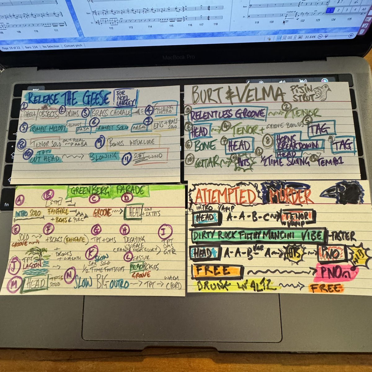 Chart Maps for 4 recent new works for big band. 
All inspired by birds, I meet along the way. 

#bigband
#composition
#newbigbandmusic
#bigbandarranging
#contemporarybigband
#newmusic