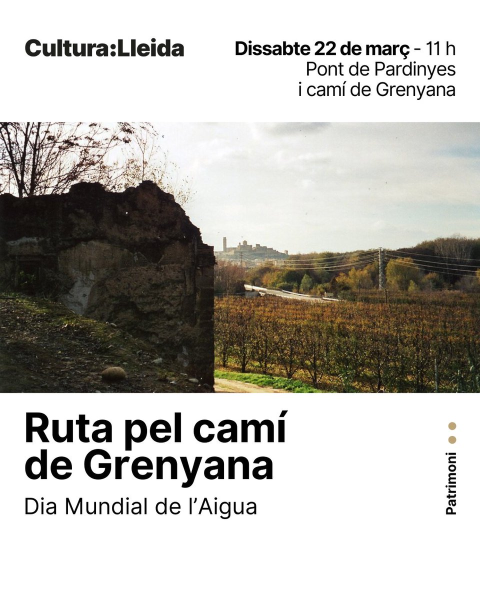 cultura_lleida's tweet photo. 💧 Celebrem el Dia Mundial de l’Aigua amb una ruta única per Grenyana i els diversos elements del Museu de l'AIgua de Lleida 🌿🚶‍♂️i els últims dies de la floració dels fruiters 🌸🍑

Durada 2 hores
📍 Pont de Pardinyes (marge esquerra)
🆓 Activitat gratuïta! https://t.co/jbSepXUR5a