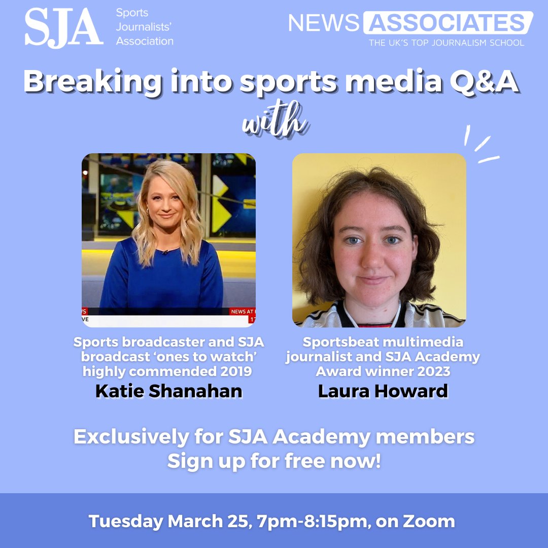 News Associates (@newsassociates) on Twitter photo We've teamed up with <a href="/SportSJA/">Sports Journalists</a> to offer free sports journalism talks and masterclasses to SJA Academy members 😃
A Q&A on breaking into sports media with sports broadcaster <a href="/KatieShanahan3/">Katie Shanahan</a> and <a href="/Sportsbeat/">Sportsbeat</a> multimedia journalist <a href="/laura_hwd/">Laura Howard</a> is the first in the series 🤩
See more We've teamed up with <a href="/SportSJA/">Sports Journalists</a> to offer free sports journalism talks and masterclasses to SJA Academy members 😃
A Q&A on breaking into sports media with sports broadcaster <a href="/KatieShanahan3/">Katie Shanahan</a> and <a href="/Sportsbeat/">Sportsbeat</a> multimedia journalist <a href="/laura_hwd/">Laura Howard</a> is the first in the series 🤩
See more