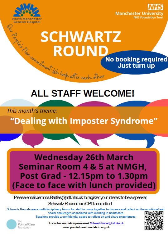North Manchester General Hospital (@northmcrgh_nhs) on Twitter photo 📢Colleagues at NMGH: Only 5 more days to go, Wednesday 26th March at 12.15pm. Join us for a Schwartz Round session with lunch provided, and spend time out reflecting on the speakers’ stories. Schwartz Rounds are CPD accredited. #allstaffwelcome #teamNMGH <a href="/PointofCareFdn/">The Point of Care Foundation</a> 📢Colleagues at NMGH: Only 5 more days to go, Wednesday 26th March at 12.15pm. Join us for a Schwartz Round session with lunch provided, and spend time out reflecting on the speakers’ stories. Schwartz Rounds are CPD accredited. #allstaffwelcome #teamNMGH <a href="/PointofCareFdn/">The Point of Care Foundation</a>