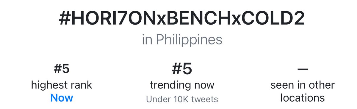 [🚨] TRENDING ALERT

#HORI7ONxBENCHxCOLD2 is trending no. 5 in the Philippines.

❌ Please DO NOT SPAM the tagline and hashtags by posting empty tweets.

HORI7ON COLD IMAGECON2

#HORI7ON #호라이즌
<a href="/HORI7ONofficial/">HORI7ONofficial</a>
<a href="/benchtm/">BENCH/</a>