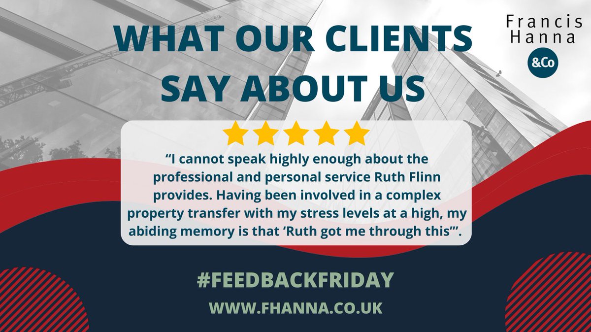 Francis Hanna & Co (@francishannaco) on Twitter photo Our Property Law Partner Ruth Flinn and her team have done it again – more amazing feedback from a happy client.
To speak to Ruth about any property matter, contact her on rflinn@fhanna.co.uk or call 028 9024 3901 #FeedbackFriday Our Property Law Partner Ruth Flinn and her team have done it again – more amazing feedback from a happy client.
To speak to Ruth about any property matter, contact her on rflinn@fhanna.co.uk or call 028 9024 3901 #FeedbackFriday