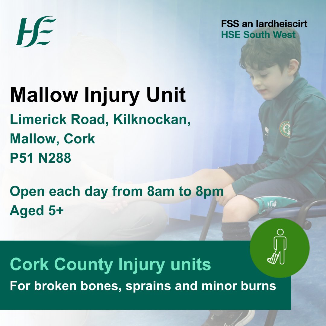HSESouthWest's tweet photo. Know Your Healthcare Options when you need them
  
👩‍⚕️You can be treated for broken bones, sprains, dislocations, and  minor burns in our 📍Mallow #InjuryUnit 
 
💻ℹ️ For full details, visit: https://t.co/JtT6ROgiDL https://t.co/Phqi6cuppo