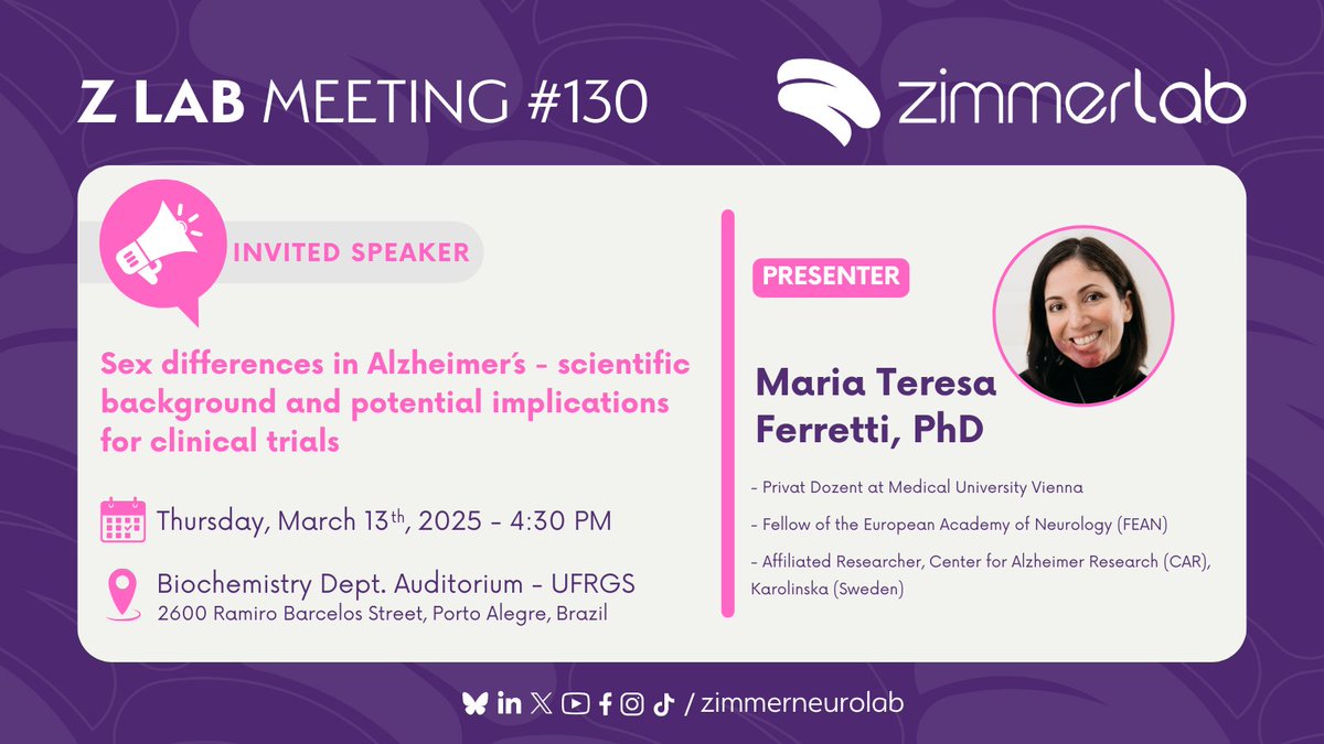 Zimmer Lab (@zimmerneurolab) on Twitter photo Yesterday, we had the honor of hosting Dr. <a href="/MaTeFerretti/">Maria Teresa Ferretti</a> for a special lab meeting in a packed auditorium. Her visit to Porto Alegre brought invaluable insights and inspiring discussions.
We are grateful for her time, expertise, and passion.
Thank you for inspiring us all! Yesterday, we had the honor of hosting Dr. <a href="/MaTeFerretti/">Maria Teresa Ferretti</a> for a special lab meeting in a packed auditorium. Her visit to Porto Alegre brought invaluable insights and inspiring discussions.
We are grateful for her time, expertise, and passion.
Thank you for inspiring us all!