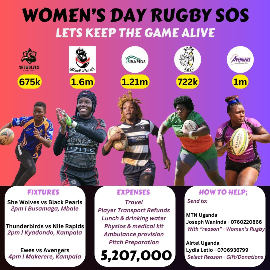 Koyokoyo (@helkoybut) on Twitter photo It's Women's Day tomorrow & we have 3 Women's Day fixtures in the <a href="/UgandaRugby/">Uganda Rugby Union</a> Women's Championship. As it stands, none of these games will be played.
We need UGX 5,207,000/-. If 1,042 people donated just 5,000/-, we'll raise 5,210,000/-.
I've donated. Please donate & share. ππΎ It's Women's Day tomorrow & we have 3 Women's Day fixtures in the <a href="/UgandaRugby/">Uganda Rugby Union</a> Women's Championship. As it stands, none of these games will be played.
We need UGX 5,207,000/-. If 1,042 people donated just 5,000/-, we'll raise 5,210,000/-.
I've donated. Please donate & share. ππΎ