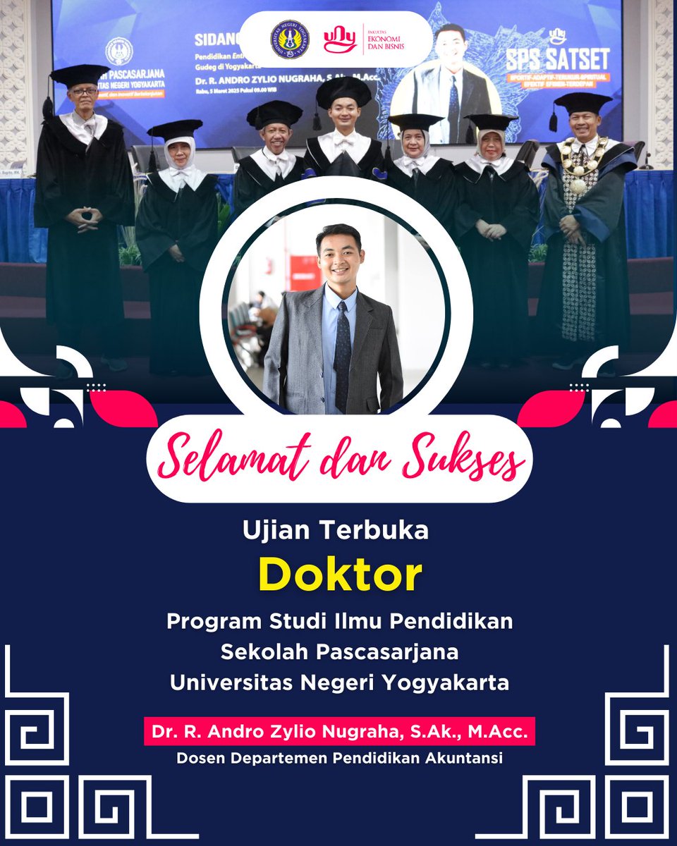 febunyofficial's tweet photo. Dosen Pendidikan Akuntansi FEB UNY, R. Andro Zylio Nugraha menjadi doktor yang ke-1024 dari Sekolah Pascasarjana UNY dalam bidang Ilmu Kependidikan  usai mempertahankan disertasinya di hadapan dewan penguji, Rabu (5/3/25) lalu.

#FEBrief #FEBright #FEBUNY https://t.co/vtEJahSsne