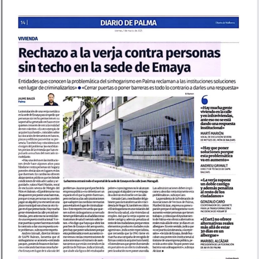 La solució no passa per posar reixes, es tracta de cercar solucions a la crisi habitacional #ArquitecturaHostil #HabitatgeDigne