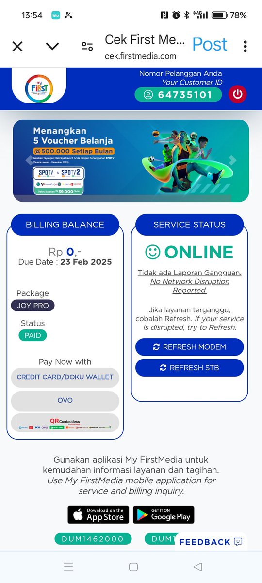 rtasno's tweet photo. Siang admin @FirstMediaCares apakah ada gangguan di area saya no id pelanggan saya 64735101. Karena di cek melalui apps online tapi di PC tidak ada koneksi https://t.co/DetvEOlEFg