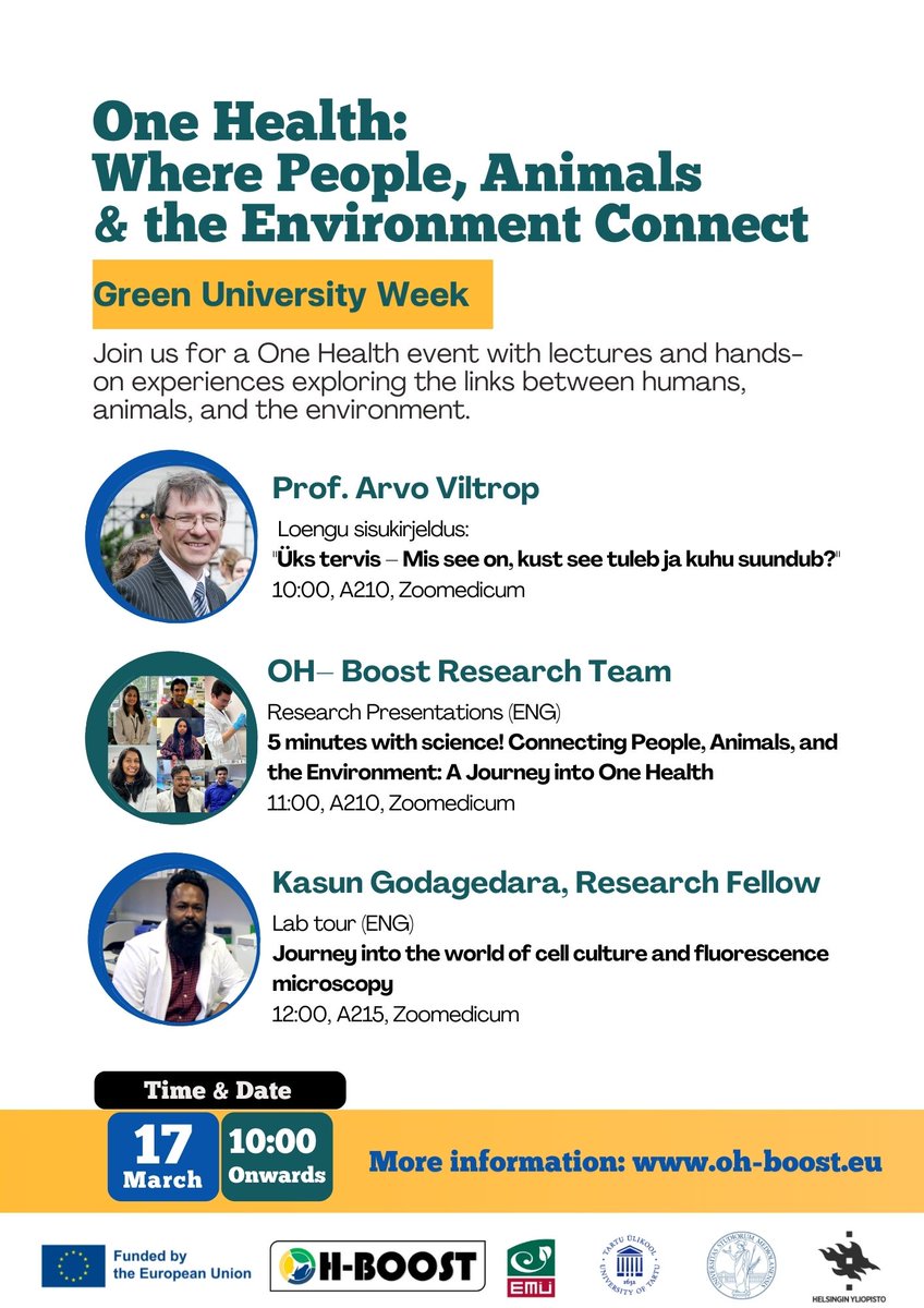 🌍🐾 One Health is the future! Join us on March 17 at Zoomedicum, Tartu, for expert talks, research insights &amp; a hands-on lab tour. 🧪💡

Let’s connect human, animal &amp; environmental health for a better tomorrow! 🌱👩‍🔬

#OneHealth #GreenUniversityWeek #ScienceForSustainability