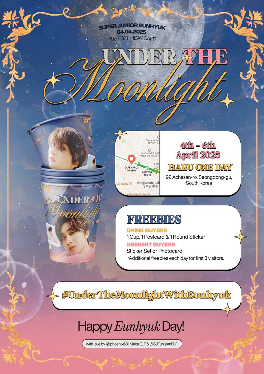 Part1: Under the moonlight! 🌙✨ Join us for a birthday celebration weekend (4th-6th April) at Haru &amp; One Day! Enjoy delicious desserts, freebies made with love, and a warm ELF atmosphere as we celebrate our jewel boy Eunhyuk! 💙🐵 

 #UnderTheMoonlightWithEunhyuk
<a href="/phoenix681/">Traviesa 💎💙 🥕당근단이 🥕</a>