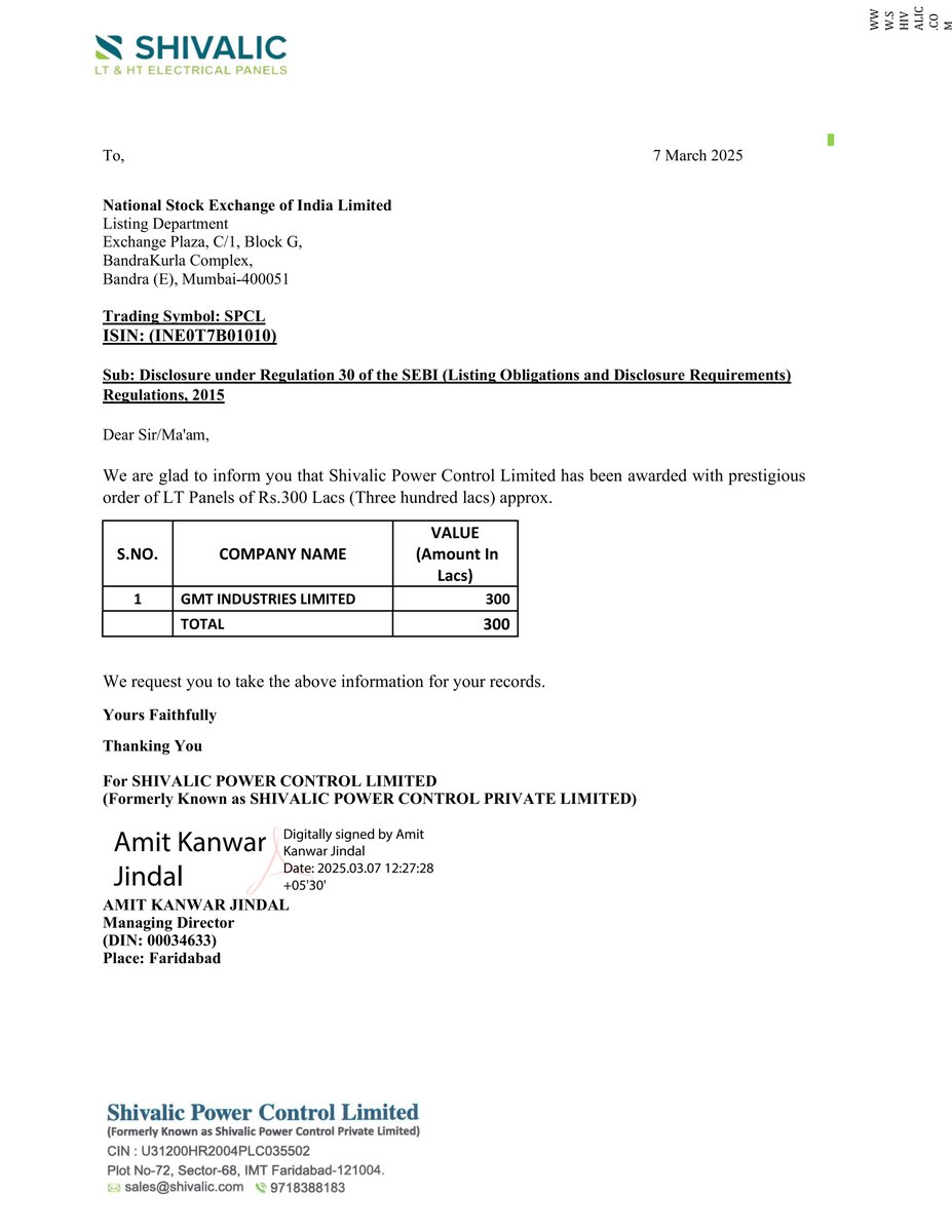 nileshkurhade's tweet image. 📌 Shivalic Power Control Ltd informed the exchange about an order of ₹300 Lacs for LT Panels from GMT Industries Ltd. The project is scheduled to be completed by May 2025. #SME #SPCL ⚡📦