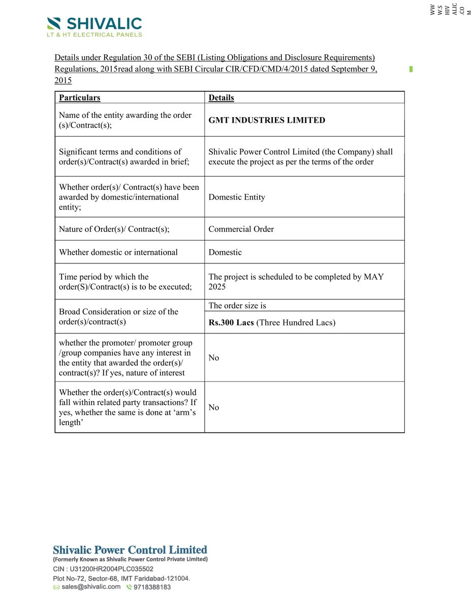 nileshkurhade's tweet image. 📌 Shivalic Power Control Ltd informed the exchange about an order of ₹300 Lacs for LT Panels from GMT Industries Ltd. The project is scheduled to be completed by May 2025. #SME #SPCL ⚡📦