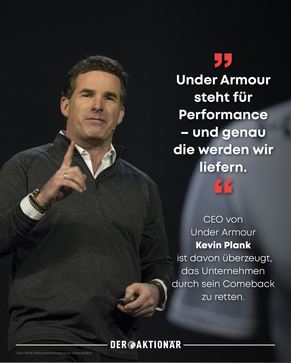 aktionaer's tweet image. 2019 trat Gründer Kevin #Plank als CEO zurück – jetzt ist er wieder da und will den kriselnden Sportartikelriesen auf Erfolgskurs bringen. Doch reicht das für eine echte Trendwende? Umsätze schwächeln, die Konkurrenz drückt, doch neue Strategien sollen das Ruder herumreißen. 🏃‍♂️📈